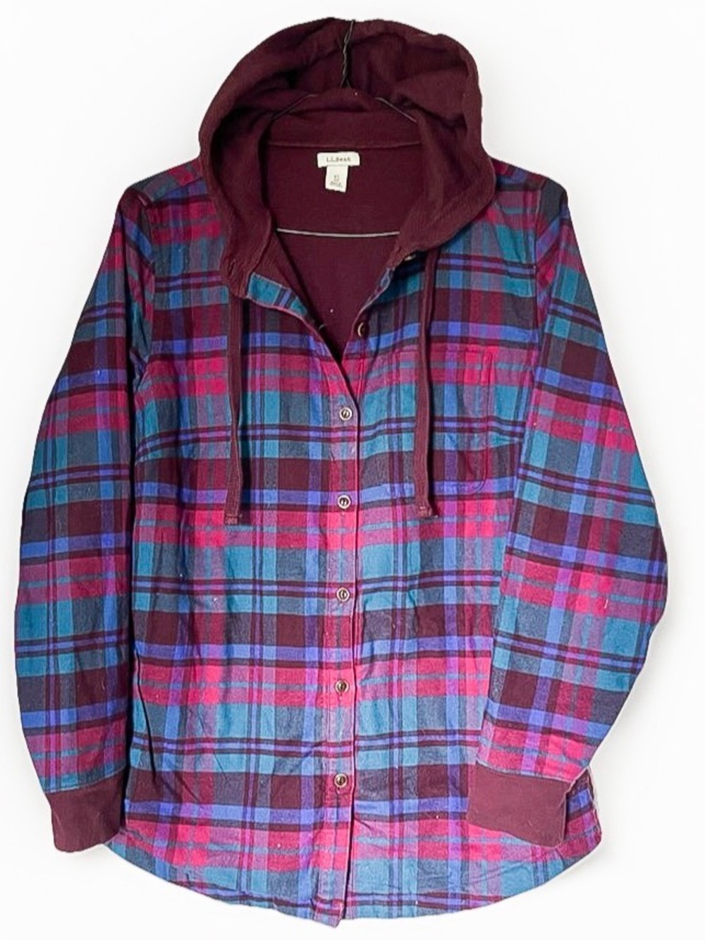 L.L. Bean Burgundy, Teal & Pink Plaid Hooded Button-Up Jacket Womens XS